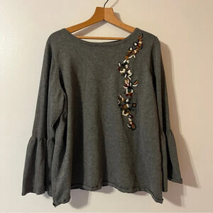Philosophy Women’s Size 1X Gray Belle Sleeves Knit Blouse With Embroidery Accent
